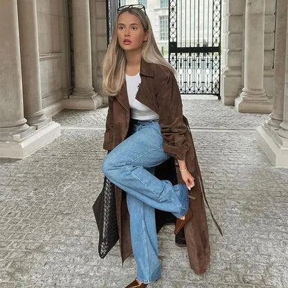 Double-breasted vintage suede long coat with belt for women in brown and light brown