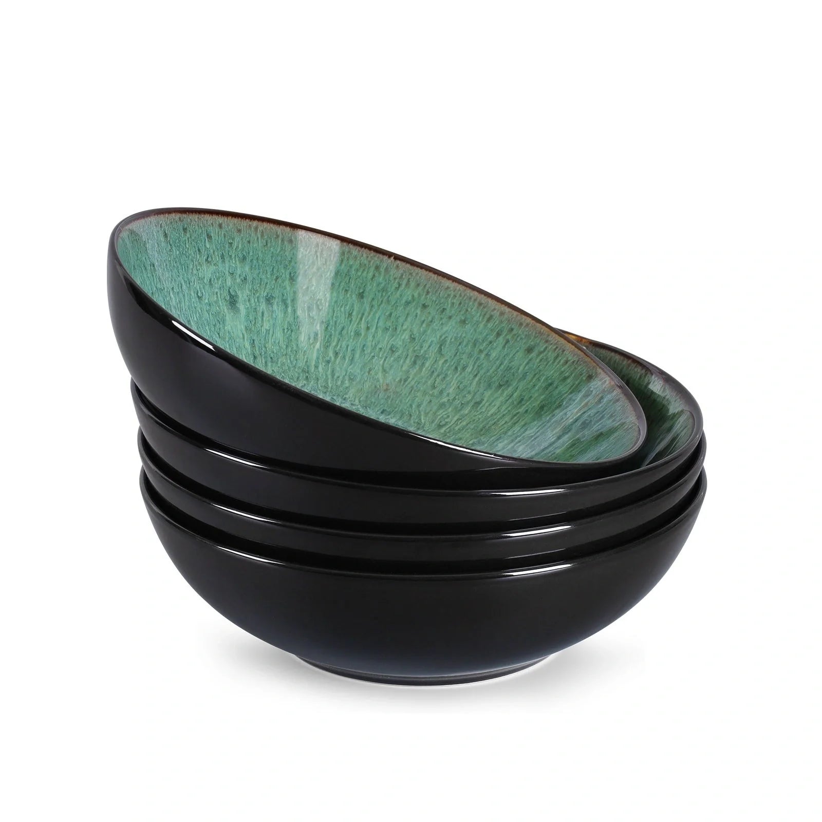 Set of four peacock green ceramic bowls with kiln change finish, 30oz capacity