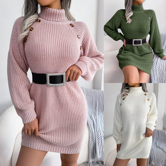 Cozy turtleneck dress with button accents in white, pink, and army green colors