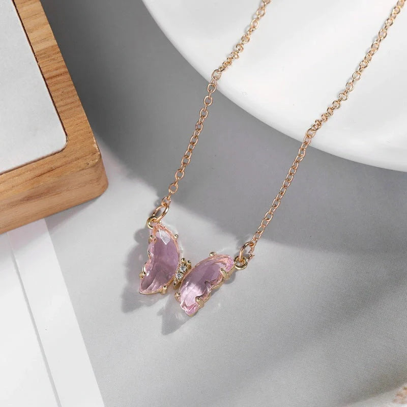 Girl Fantasy Glass Crystal Butterfly Necklace in blue, purple, light blue, and pink