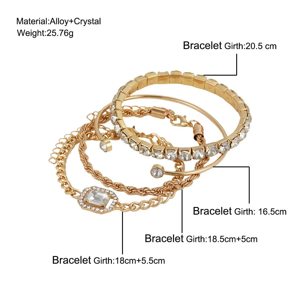 A set of four elegant crystal bracelets with vintage-inspired twisted cuff chains and sparkling rhinestones, perfect for adding a touch of luxury to any outfit.