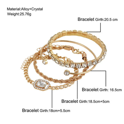 A set of four elegant crystal bracelets with vintage-inspired twisted cuff chains and sparkling rhinestones, perfect for adding a touch of luxury to any outfit.