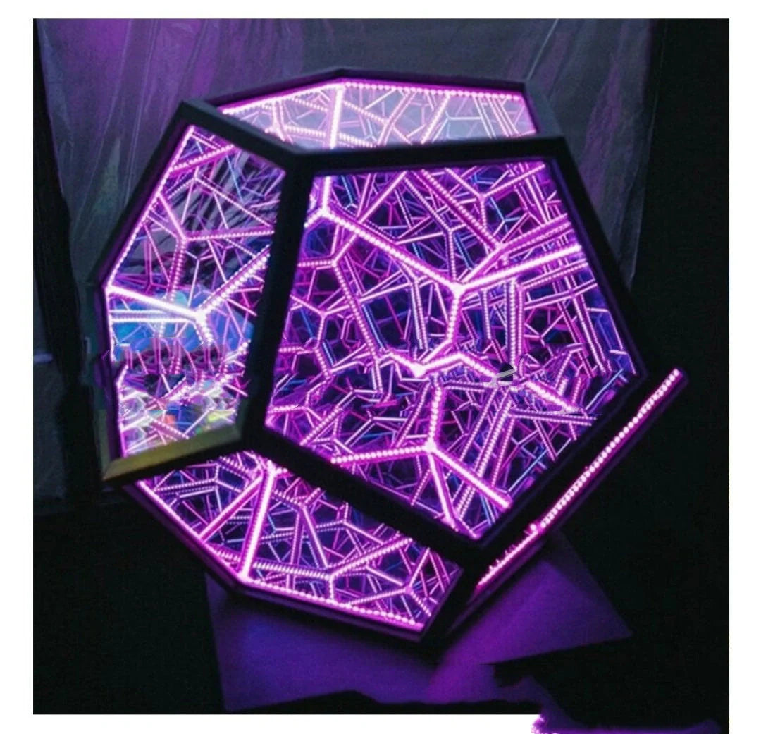 Infinite Dodecahedron LED Galaxy Projector Lamp displaying colourful lighting patterns