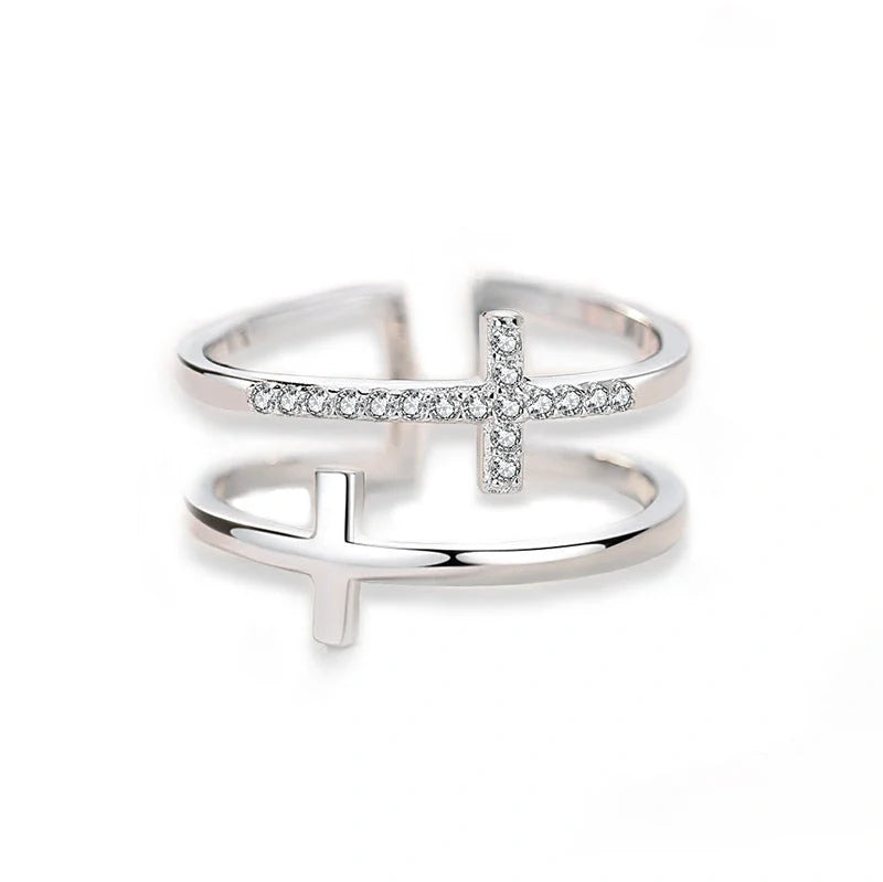 Double Cross Miniature Copper Inlaid Zircon Ring with adjustable opening for women