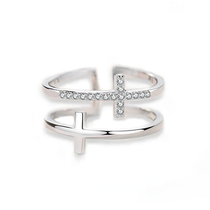 Double Cross Miniature Copper Inlaid Zircon Ring with adjustable opening for women