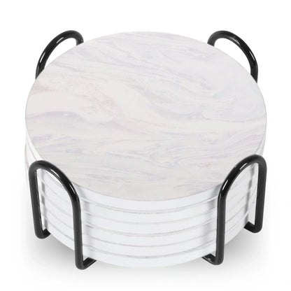 Set of 6 ceramic beverage coasters with metal stand and cork base, elegant and practical.