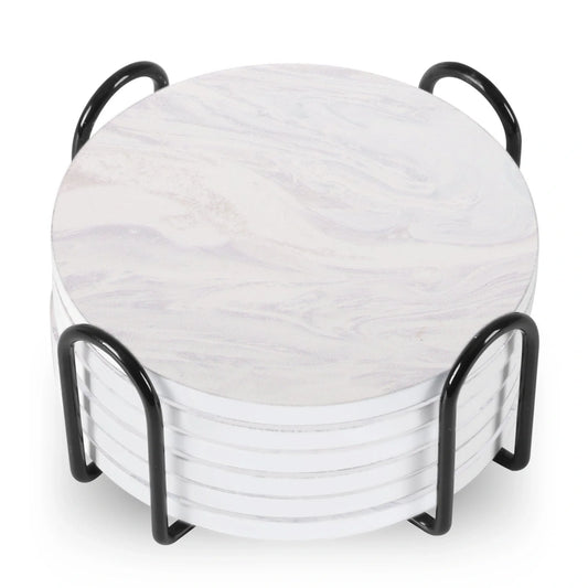 Set of 6 ceramic beverage coasters with metal stand and cork base, elegant and practical.