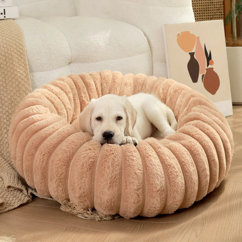 Plush round pet kennel for dogs, available in multiple colours and sizes for winter comfort