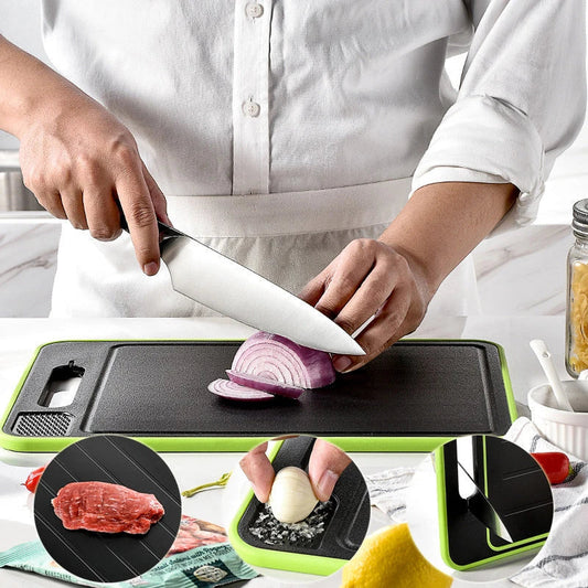 Versatile cutting board with dual-sided design, grinding teeth, and built-in whetstone for efficient chopping, grinding, and knife sharpening in the kitchen