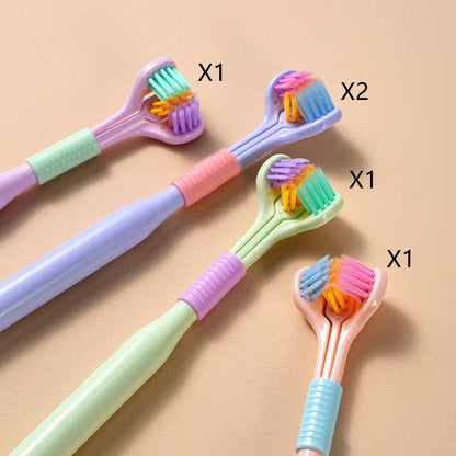 Soft bristle toothbrush with 3-sided brush head for thorough dental cleaning