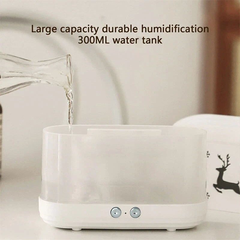 Cozy Flame LED Humidifier with realistic flame effect and silent cool mist diffusion for a relaxing, atmospheric experience