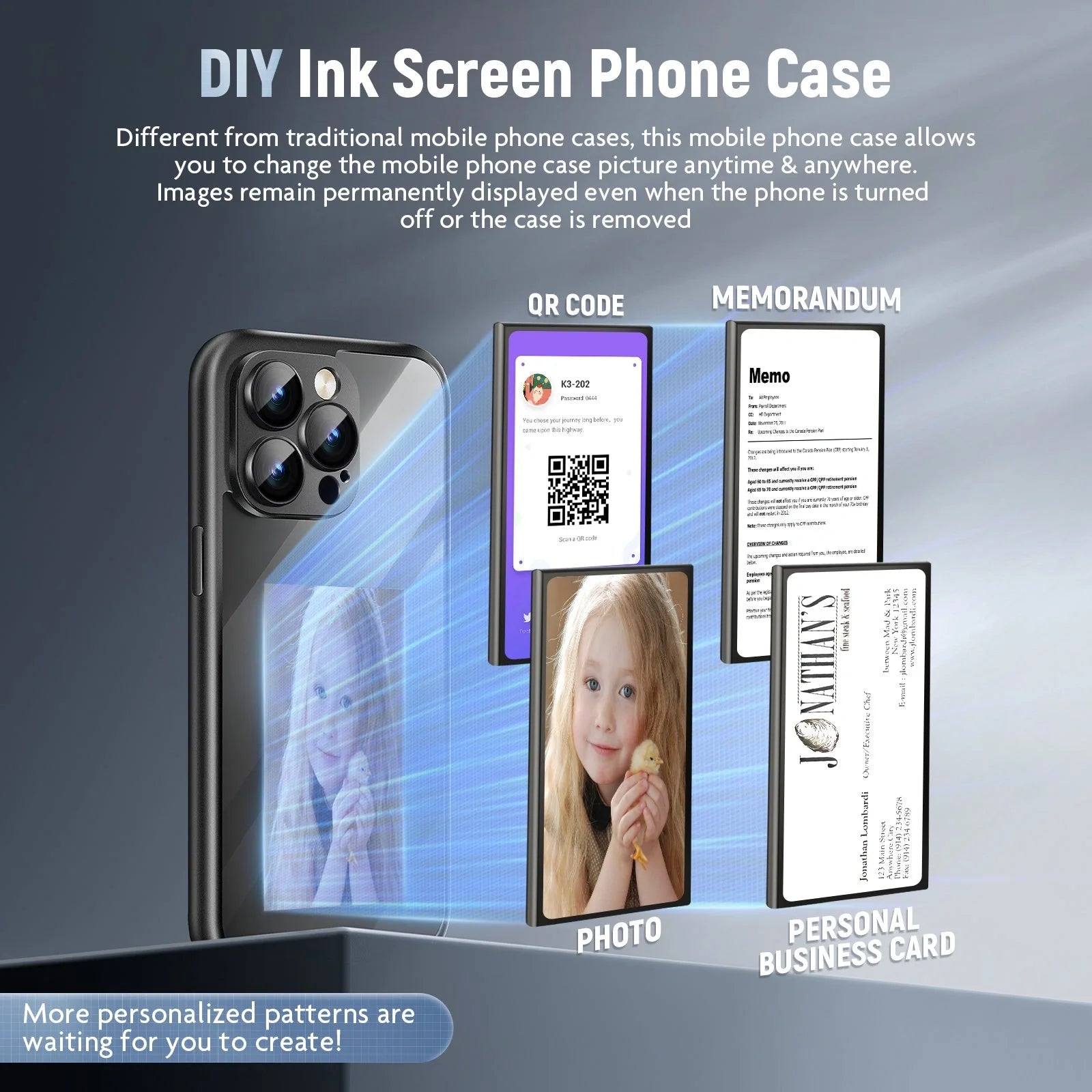 Custom NFC Ink Screen Flip Phone Case for iPhone 15 Pro and Pro Max in black and purple