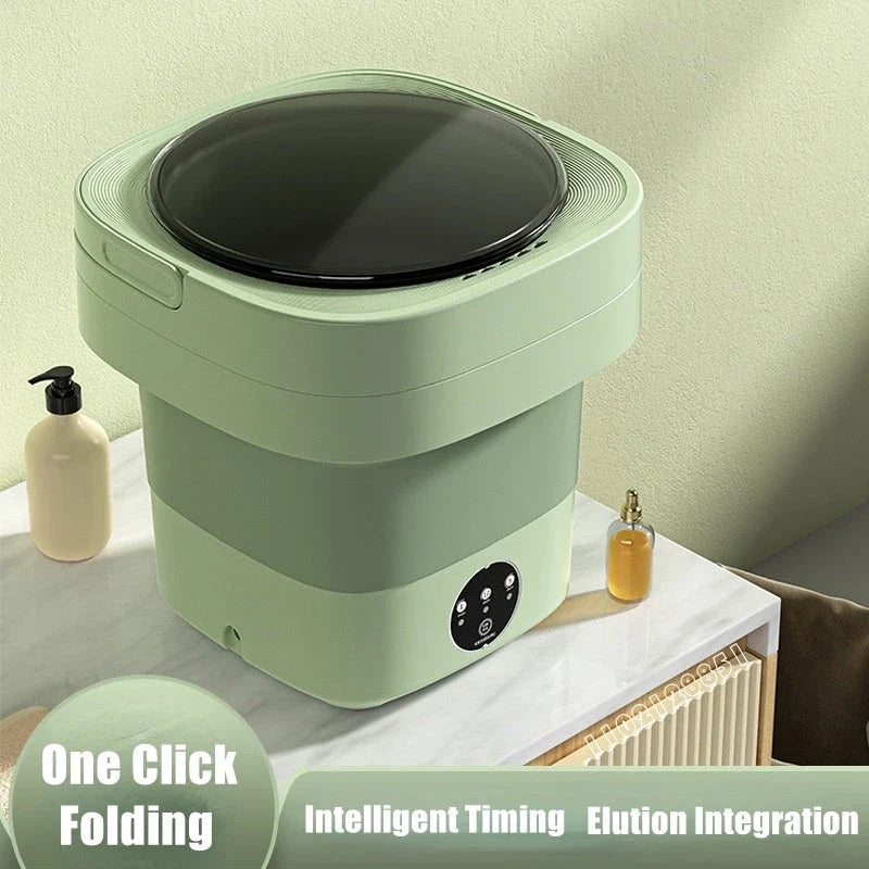 Compact folding washing machine for small spaces and travel, featuring a lightweight, portable design with powerful cleaning capabilities