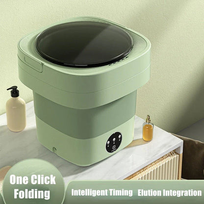 Compact folding washing machine for small spaces and travel, featuring a lightweight, portable design with powerful cleaning capabilities