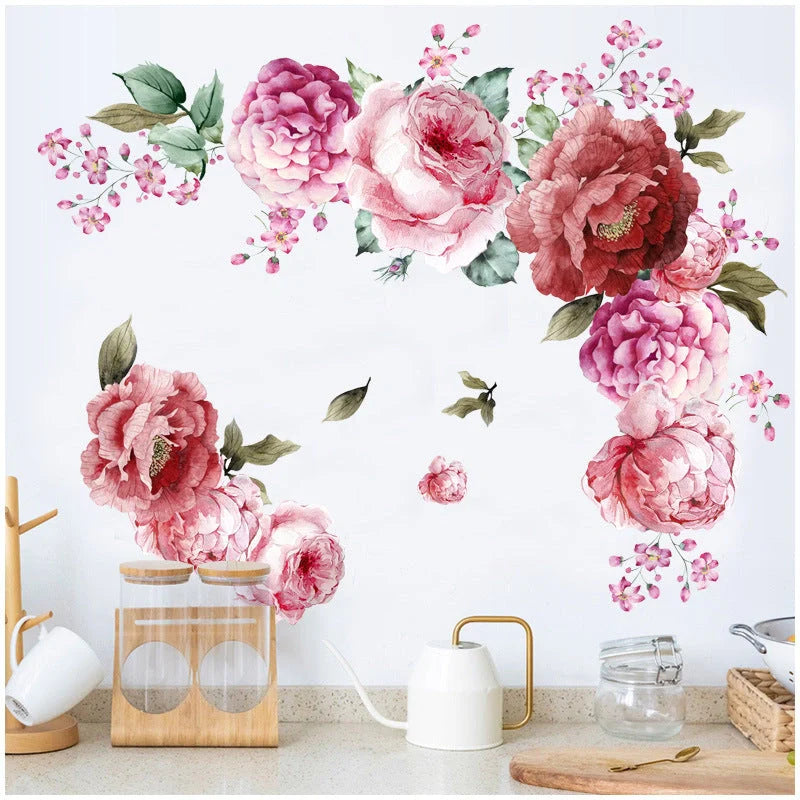 Red watercolour peonies flower wall stickers for home decoration