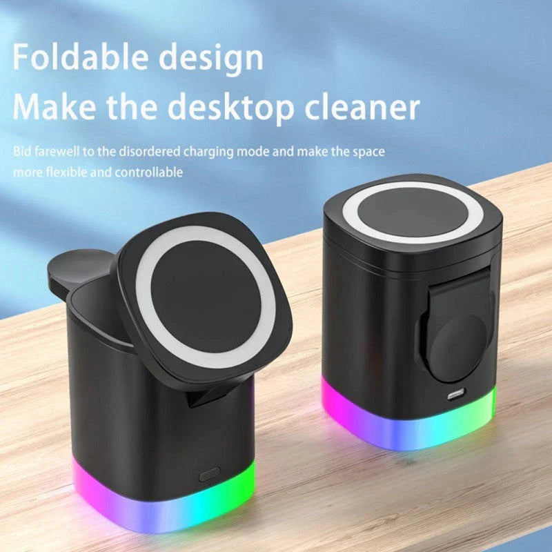 3-in-1 wireless charging station with RGB ambient lighting for smartphones, smartwatches, and wireless earbuds