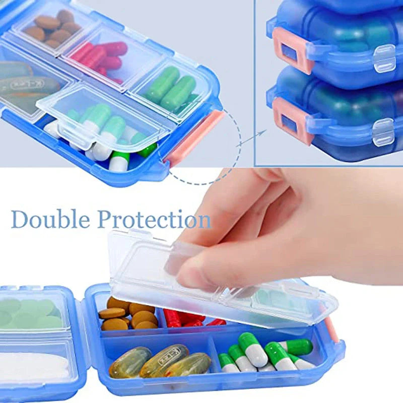 10-grid moisture-proof travel pill organizer in various colours for secure medication storage