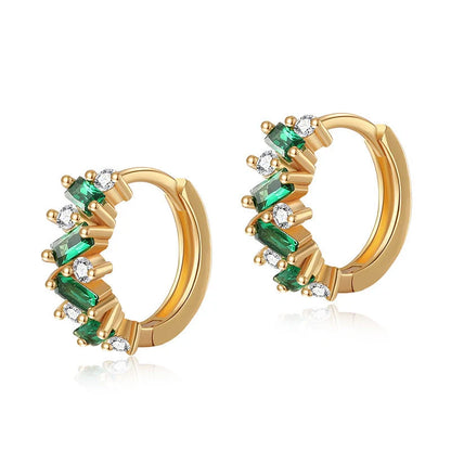 Elegant leaf-patterned ear clips with zircon and emerald gemstones, crafted in premium 18-carat gold-plated copper
