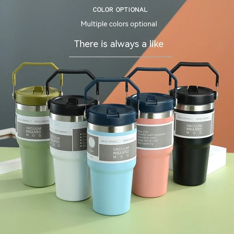 Stainless steel insulated tumbler with handle, available in multiple colors and sizes, designed to keep drinks hot or cold for hours.