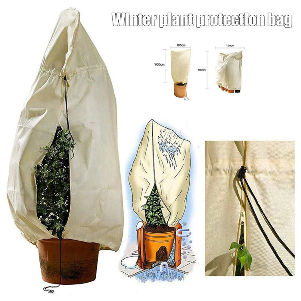 Non-woven plant protection cover in beige, designed to safeguard garden plants from frost, heavy rain, and pests during the British winter.