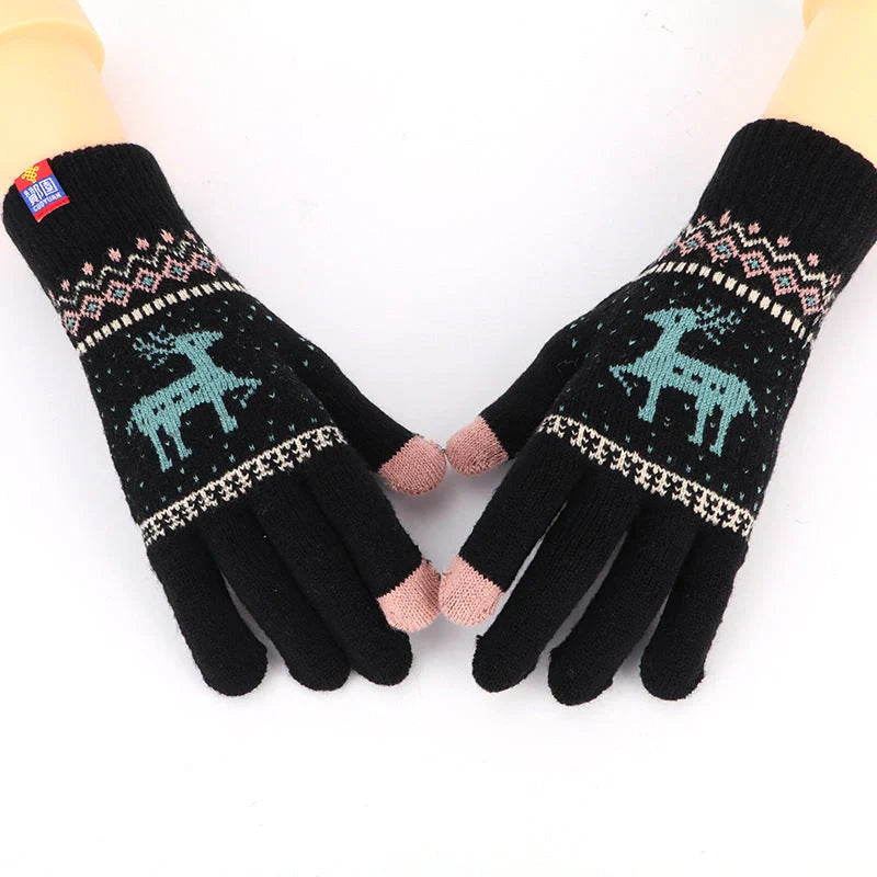 Women's deer and snowflake knitted winter gloves with touch screen functionality