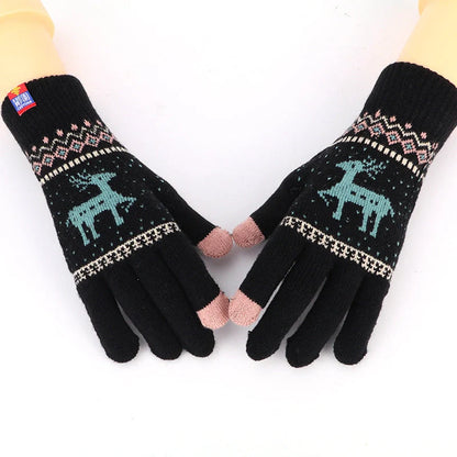 Women's deer and snowflake knitted winter gloves with touch screen functionality