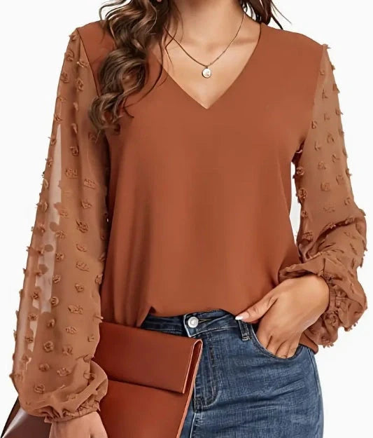 Women's Swiss Dot V-Neck Shirt in soft, breathable polyester for spring and autumn wear