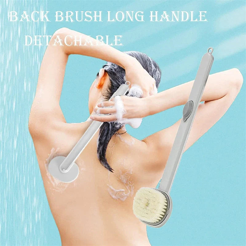 Ergonomic dual-purpose shower brush with detachable head in yellow, grey, green, and pink