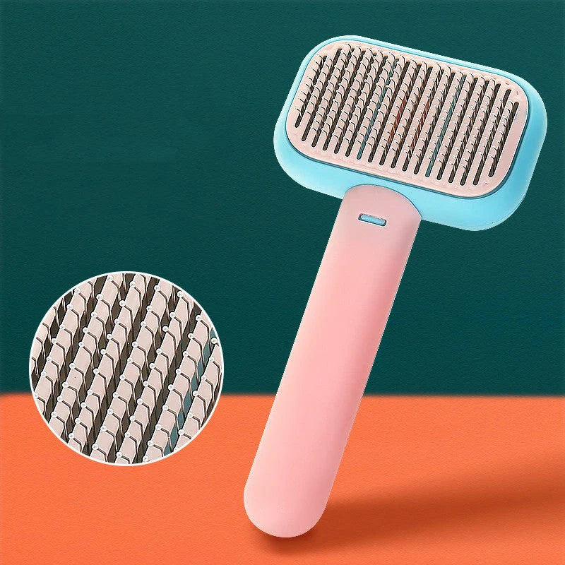 Premium pet hair brush with stainless steel and plastic construction, designed for grooming and massaging cats and dogs