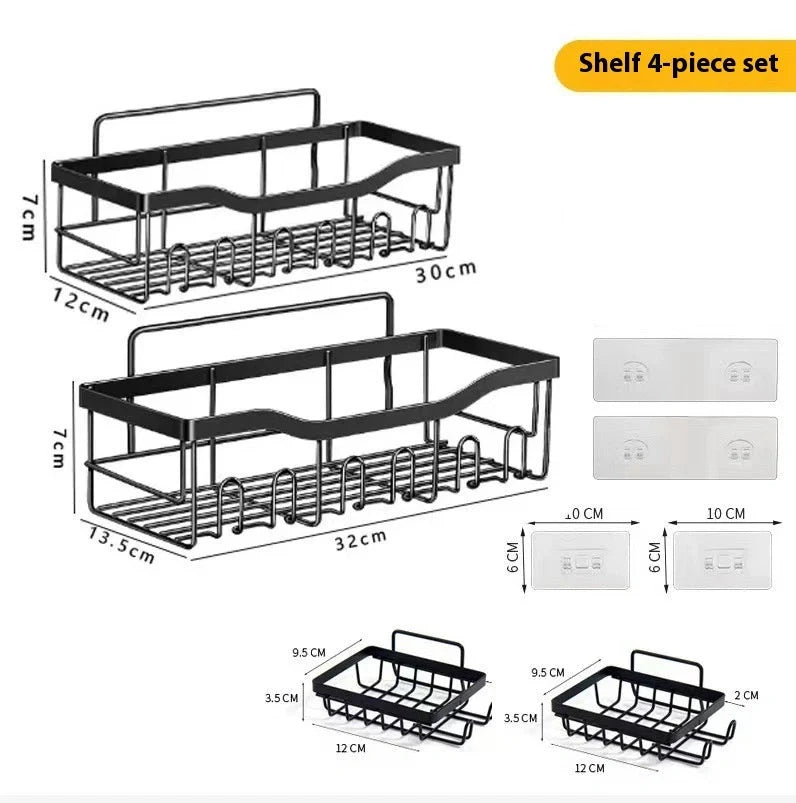 Sleek no-drill bathroom organiser rack set in carbon steel, perfect for clutter-free storage