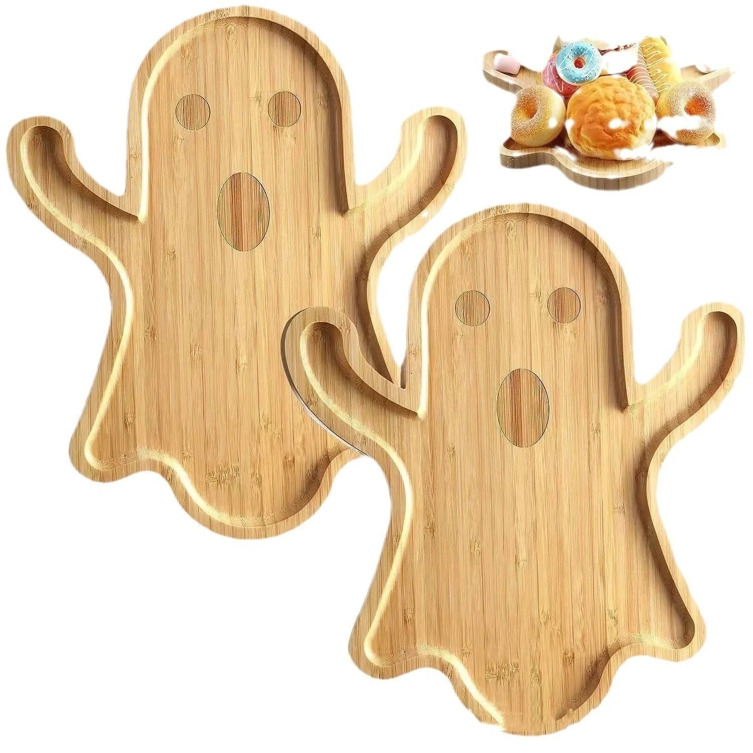 Halloween bamboo cheese platter with ghost design, perfect for parties and gatherings.