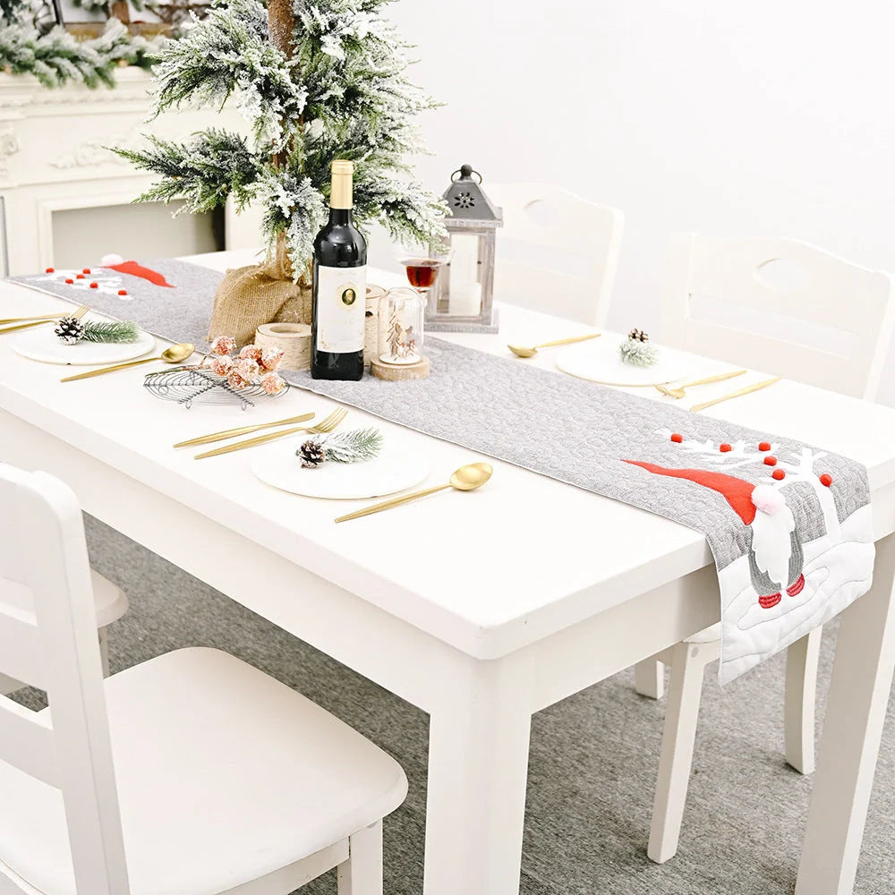 Christmas gnome plush doll grey table runner for festive dining table decoration