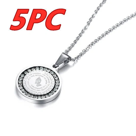 Premium stainless steel pendant with sparkling rhinestones and engraved English Scripture