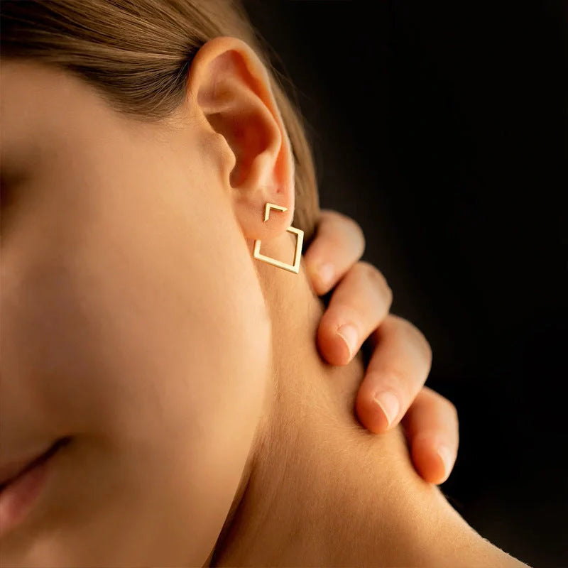 Stylish square geometric titanium steel earrings for women in gold, steel, and rose gold.