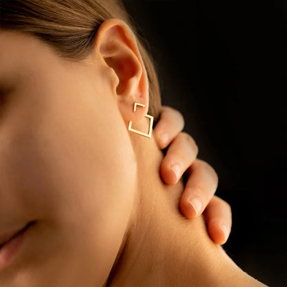 Stylish square geometric titanium steel earrings for women in gold, steel, and rose gold.