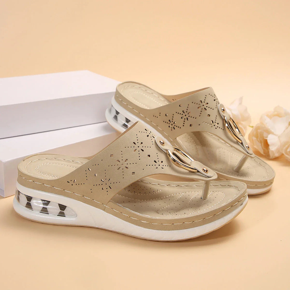 Cushioned thong sandals in various colors and sizes, featuring a unique design, air-cushioned footbed, and durable rubber sole for comfort and style.