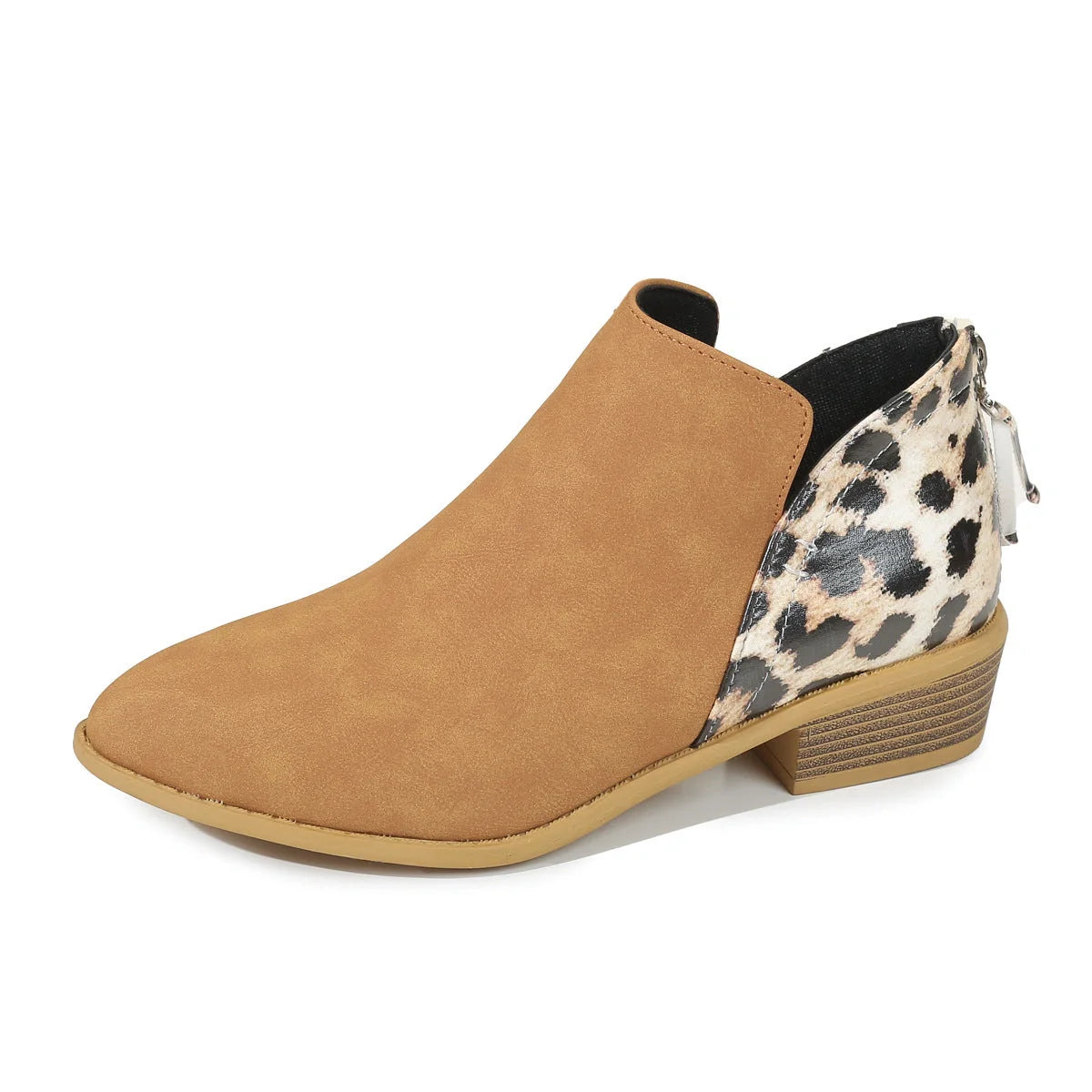Women's leopard print boots with pointed toe and chunky heel, available in multiple sizes