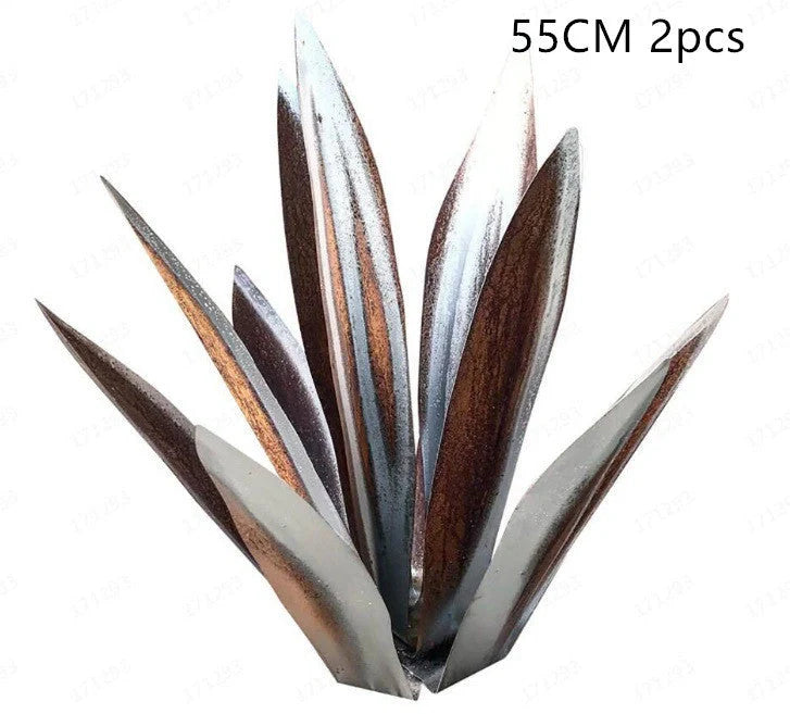 Handmade tequila agave metal sculpture in rustic finish with blue highlights