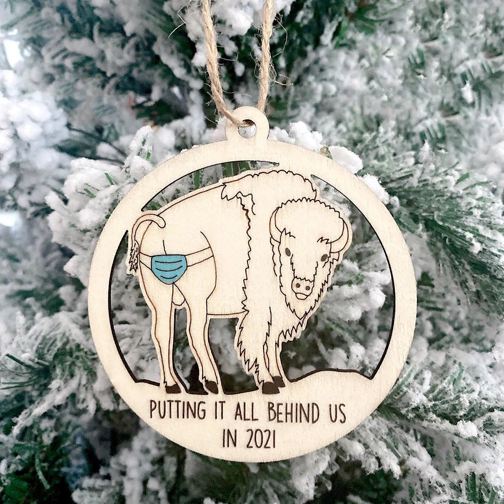 Wooden Hollowed-out Christmas Tree Pendant with snowman and deer design