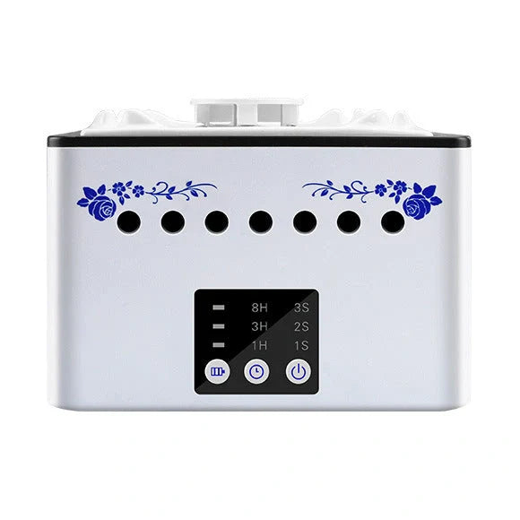 Mini ashtray air purifier in ceramic white, black, and blue with negative ion technology