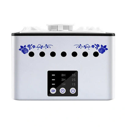 Mini ashtray air purifier in ceramic white, black, and blue with negative ion technology