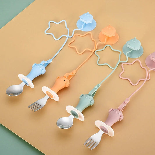 Stainless steel infant training spoon and fork set with silicone anti-drop chain and suction cup