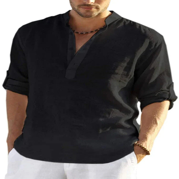 A stylish linen-blend men's casual shirt with a stand collar, button-down closure, and slim tailored fit