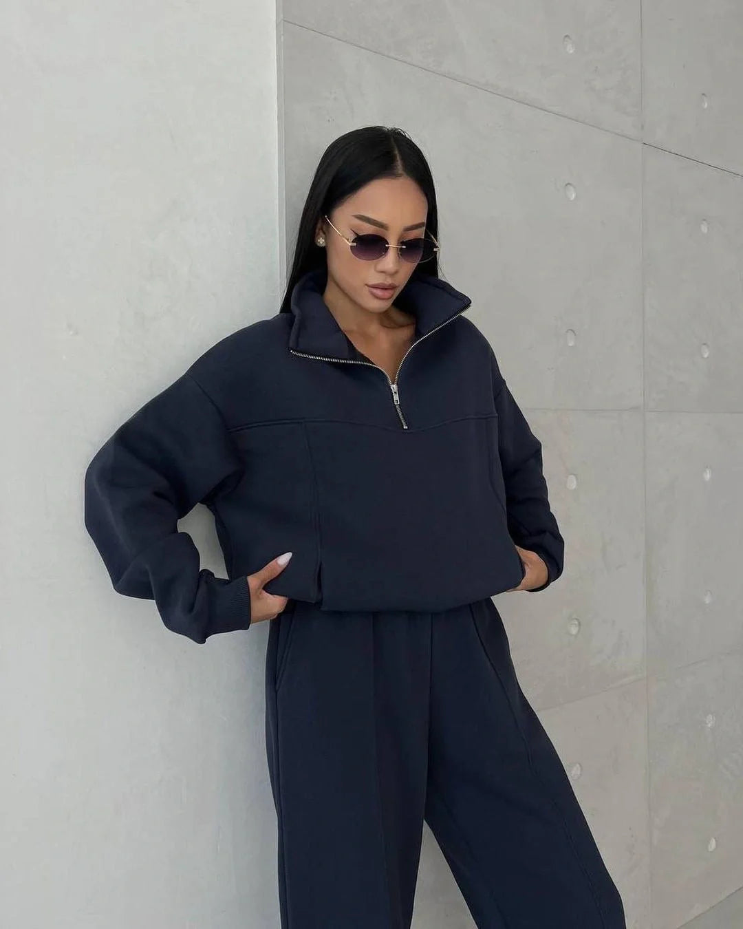 Stylish Y2K Women's Winter Jogging Two-Piece Set in apricot and navy blue