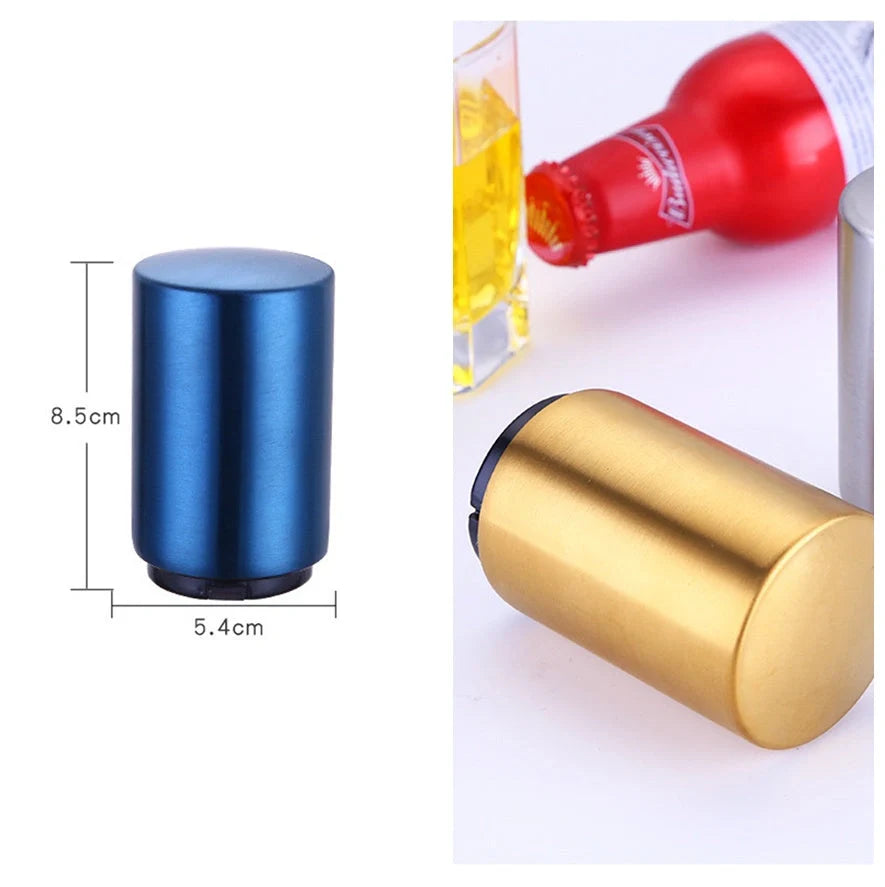 Portable magnetic automatic beer bottle opener in brushed stainless steel finish