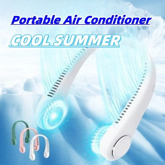 Hands-Free USB Rechargeable Neck Fan in white, pink, green, and blue with bladeless cooling technology