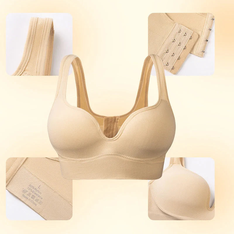 Back Button Up Bra with wide white straps in white, black, and apricot