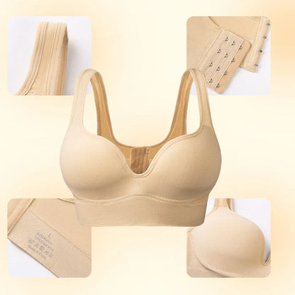 Back Button Up Bra with wide white straps in white, black, and apricot