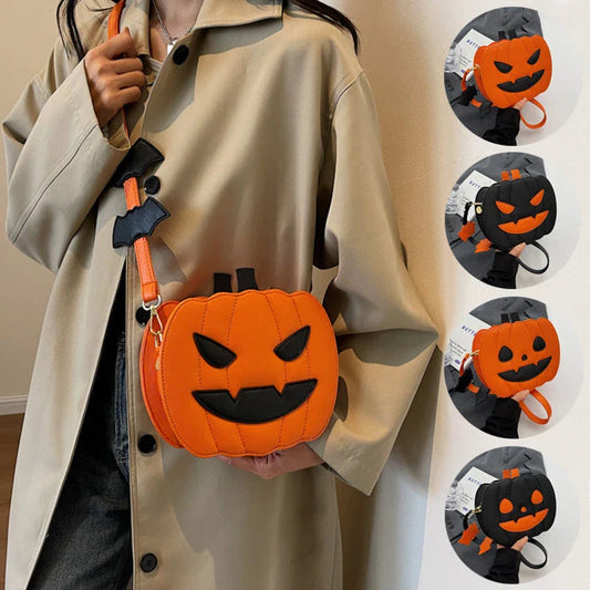 Stylish Halloween shoulder bag with pumpkin cartoon and bat design, available in various color options