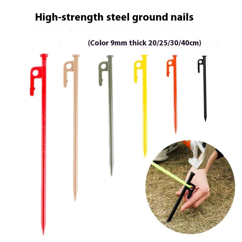 Sturdy black steel camping peg for secure tent pitching, 30cm in length